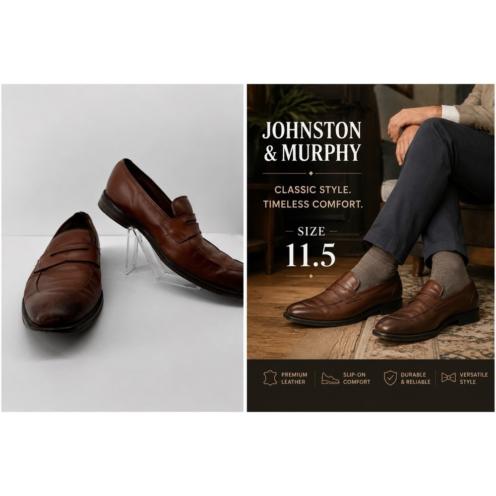 Johnston & Murphy Mens 11.5 M Brown Leather Penny Loafers Dress Slip On Shoes